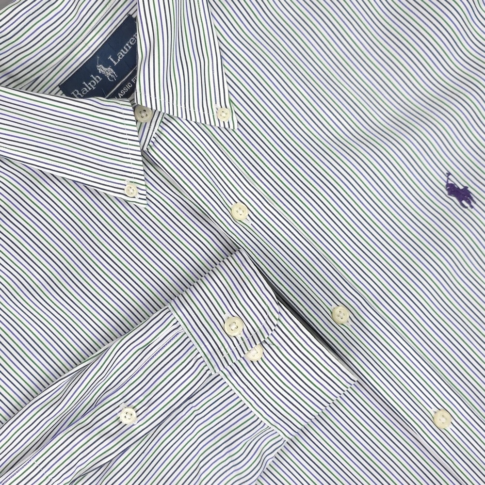 Ralph Lauren Shirt Men Large 16.5 Purple Green Stripe Long Sleeve Button Down